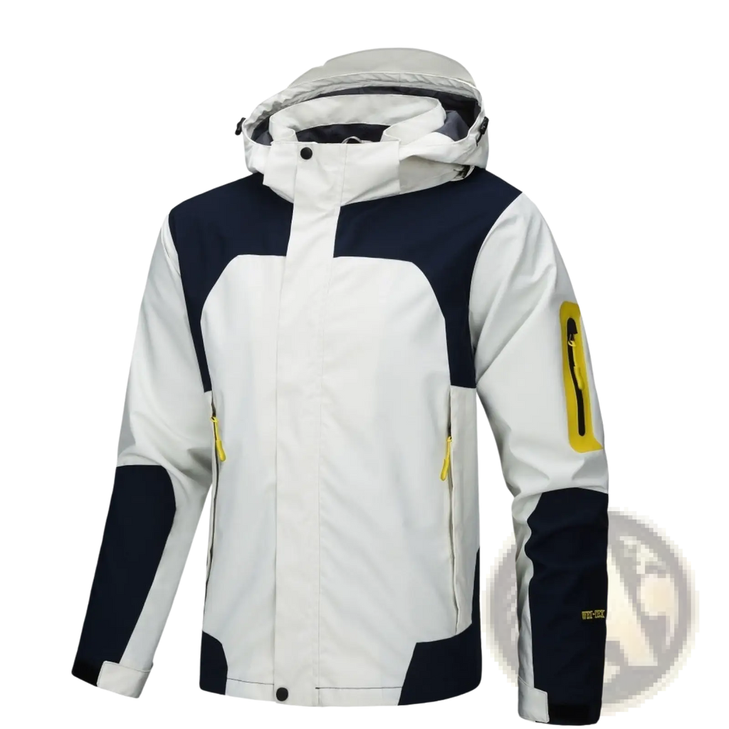 Waterproof hooded outdoor shell jacket for men and women in white and navy blue with yellow zipper accents