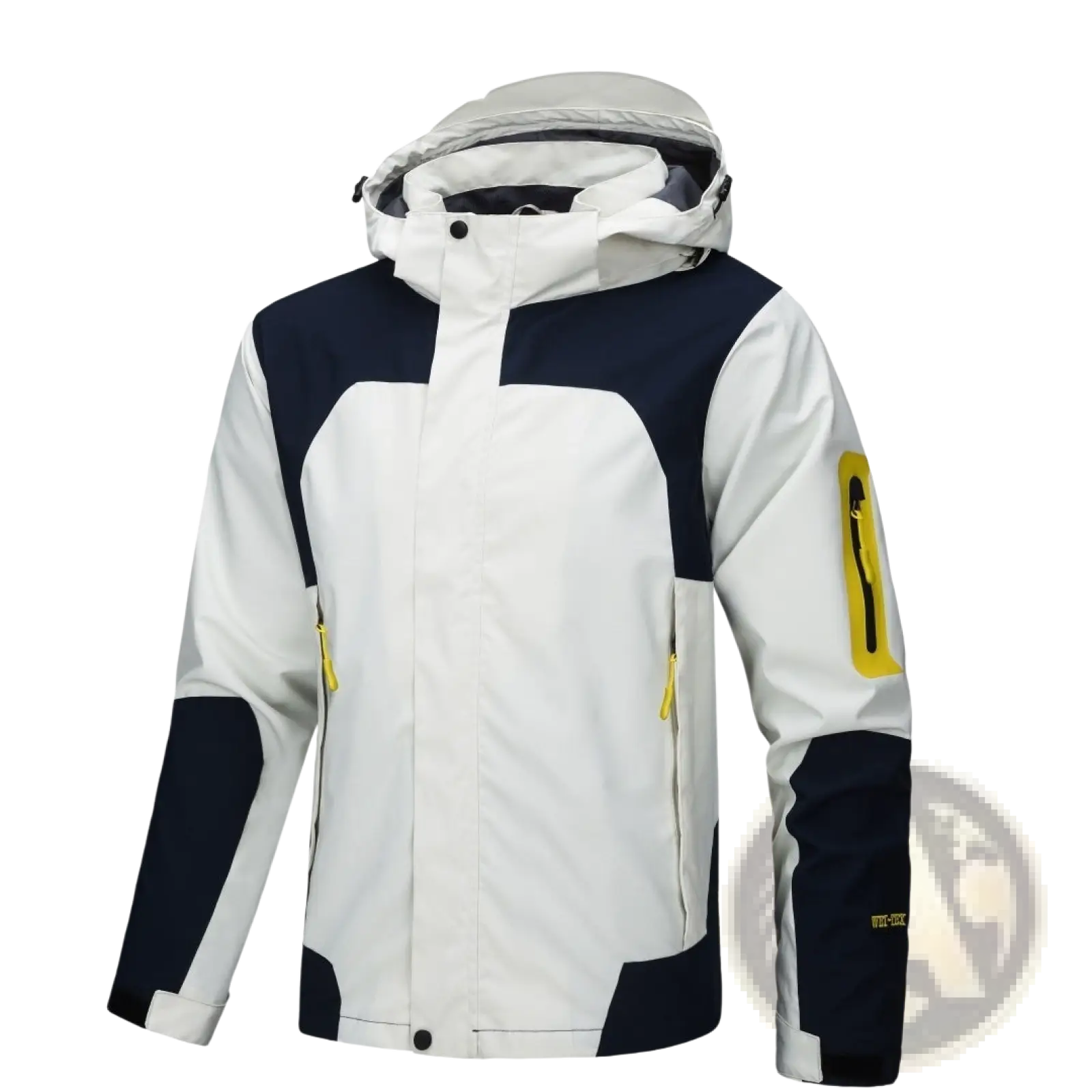 Waterproof hooded outdoor shell jacket for men and women in white and navy blue with yellow zipper accents
