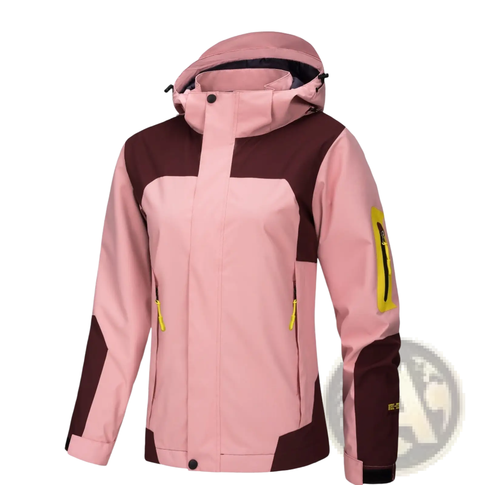 Waterproof hooded outdoor shell jacket for men and women in pink and maroon with yellow zipper accents