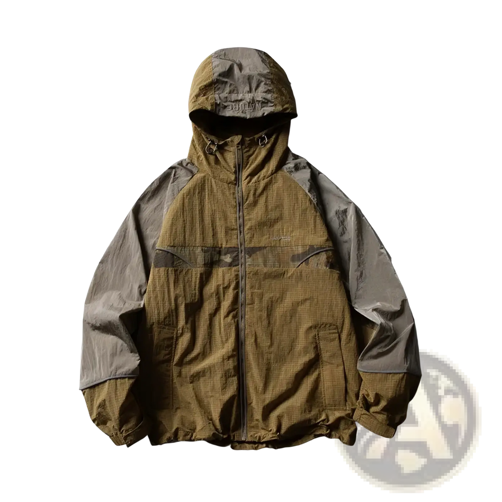 Waterproof hooded trench coat for men in two-tone olive and gray with lightweight textured fabric and subtle camouflage paneling