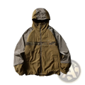 Waterproof hooded trench coat for men in two-tone olive and gray with lightweight textured fabric and subtle camouflage paneling