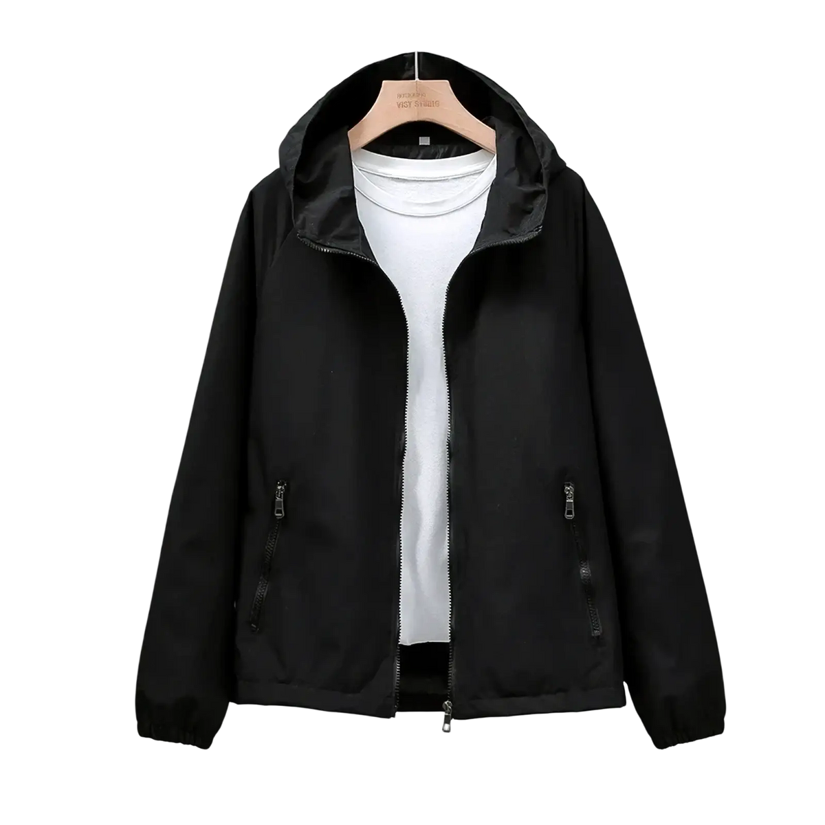 Black waterproof hooded trench coat for women with sleek lightweight fabric and subtle zipper detailing