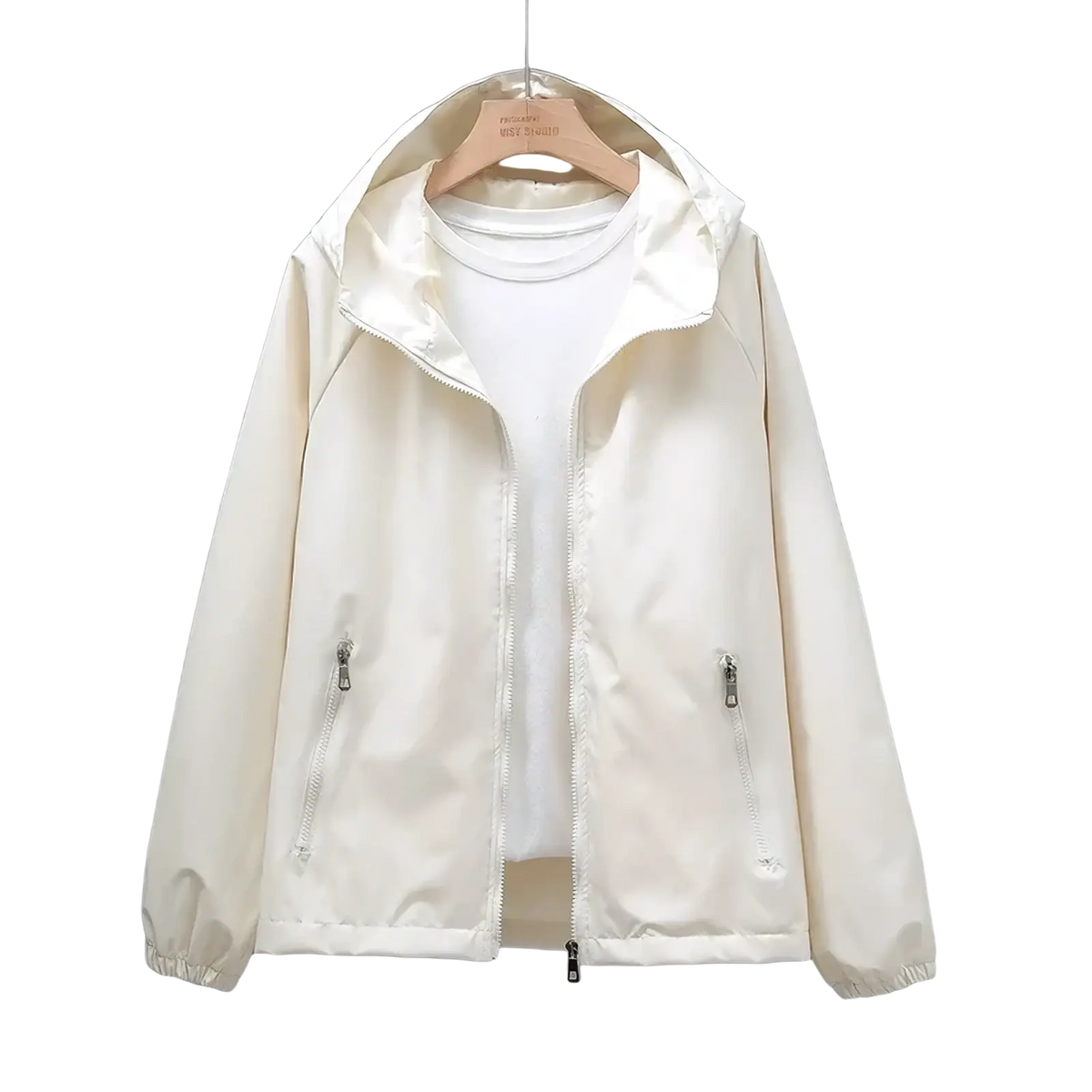 Cream-colored waterproof hooded trench coat for women with smooth water-resistant fabric and two front zippered pockets