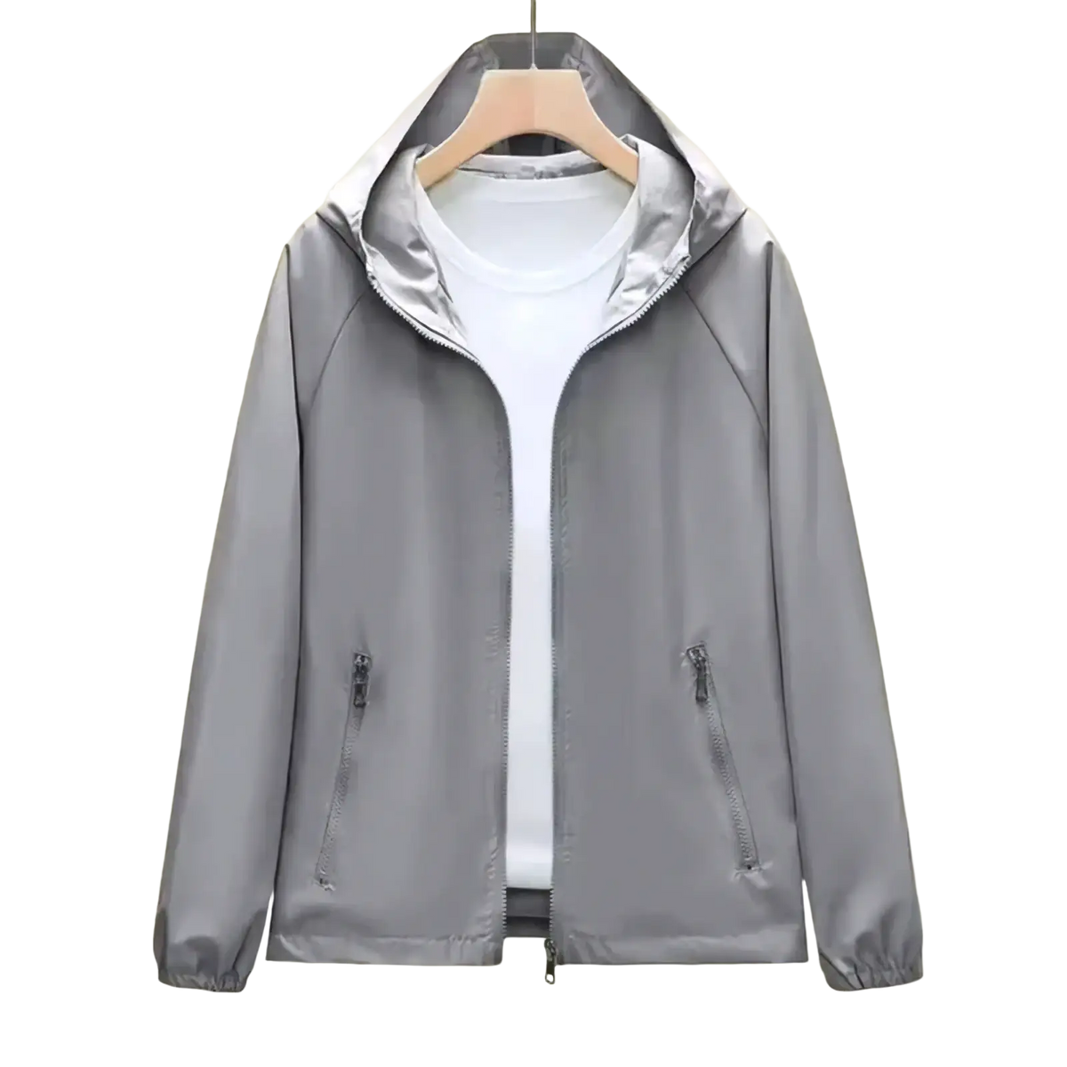 Gray waterproof hooded trench coat for women with shiny lightweight fabric and two front zippered pockets