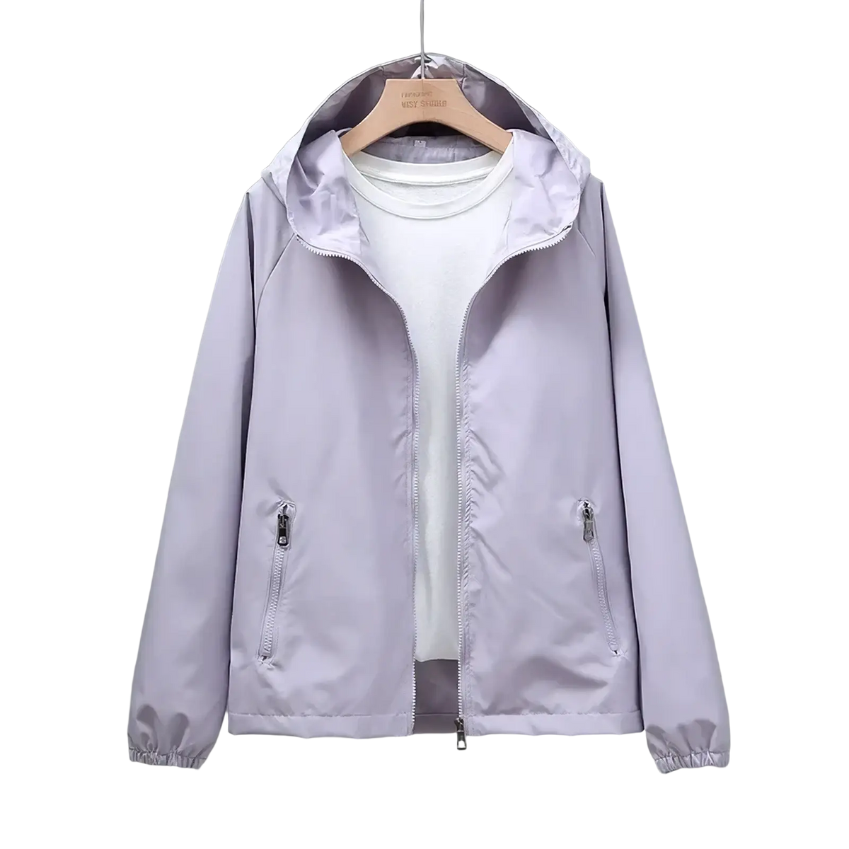 Light purple waterproof hooded trench coat for women with smooth lightweight fabric and silver zippers