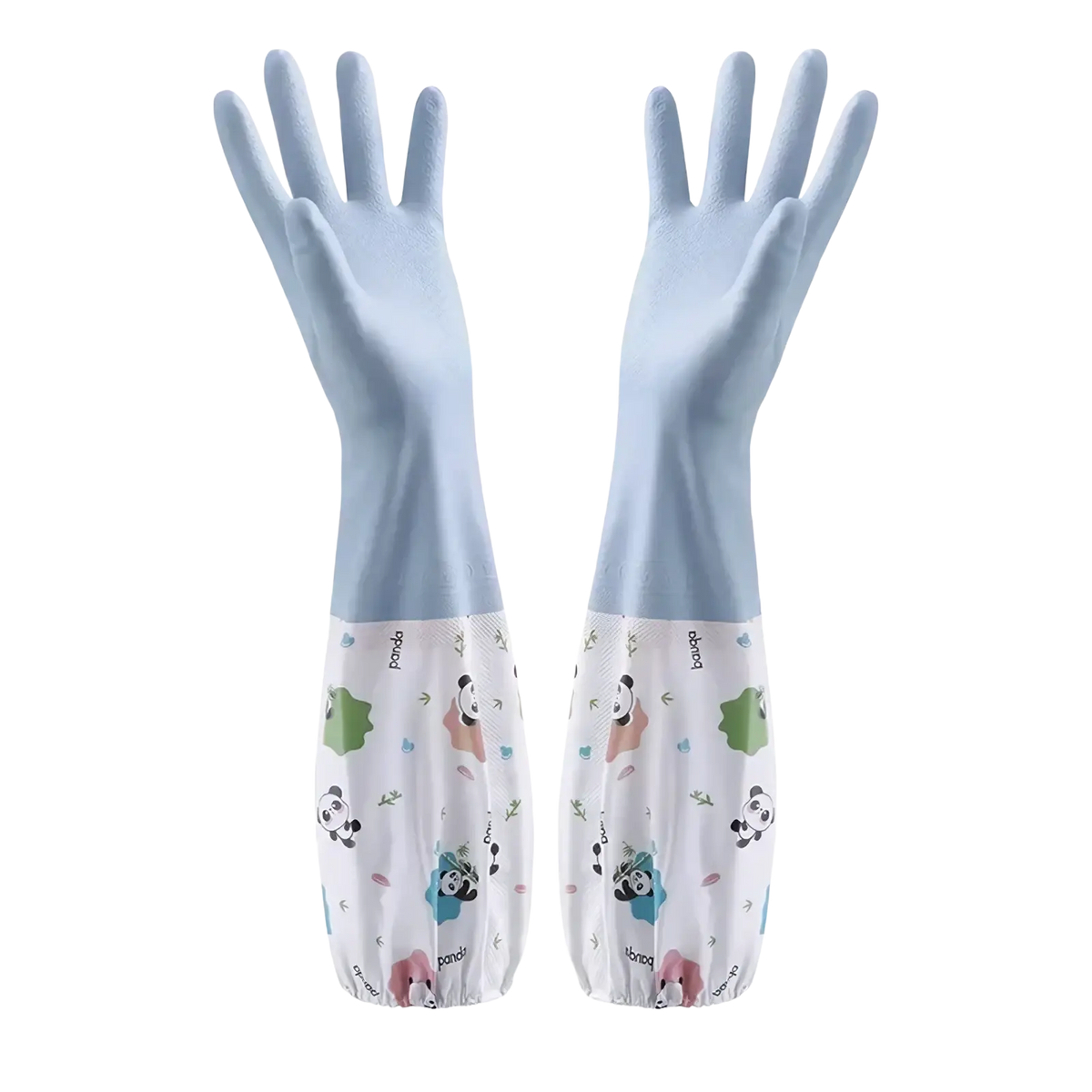 Waterproof kitchen gloves made of light blue rubber with a white panda patterned cuff for cleaning tasks