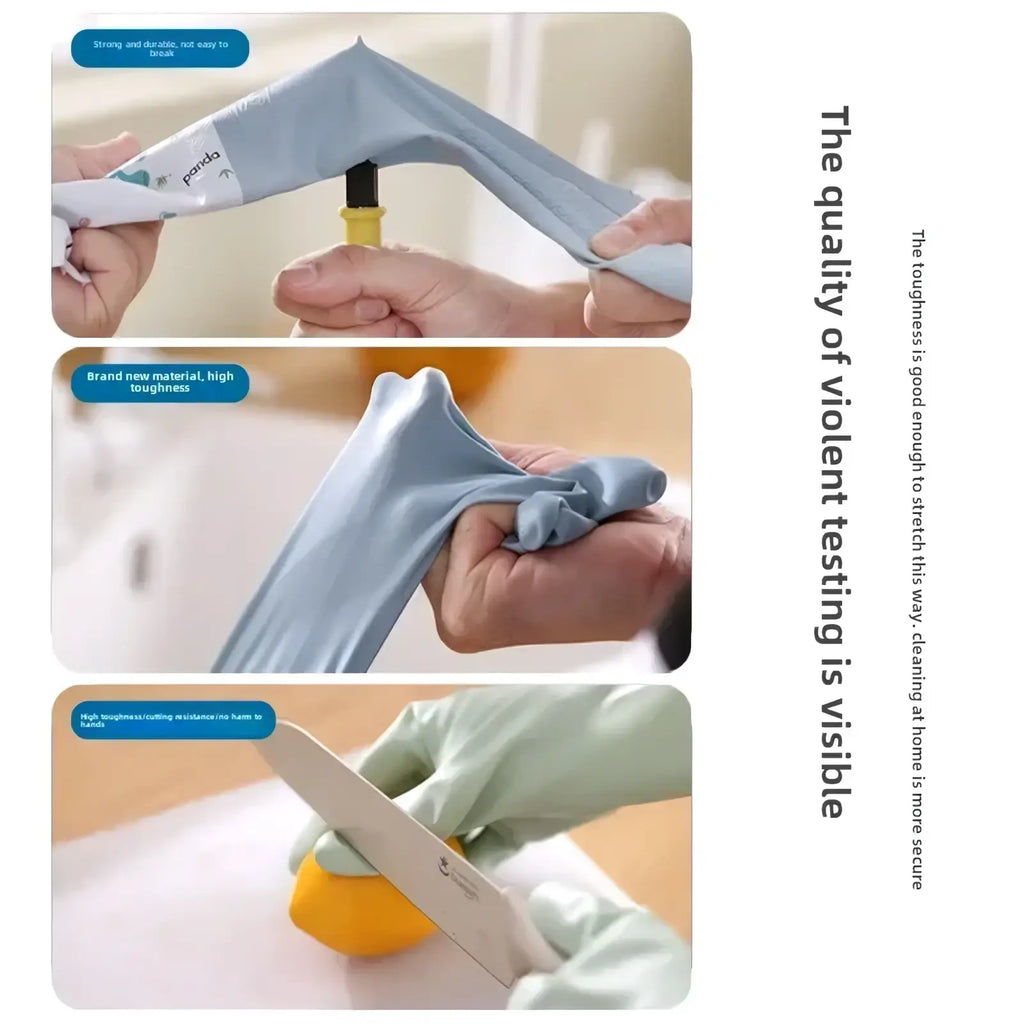 Waterproof kitchen cleaning glove in light blue stretchy fabric with yellow wrist strap shown from the back side