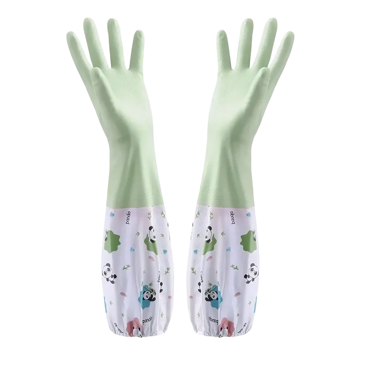Light green waterproof kitchen gloves made of rubber with a white panda-themed fabric cuff for cleaning tasks