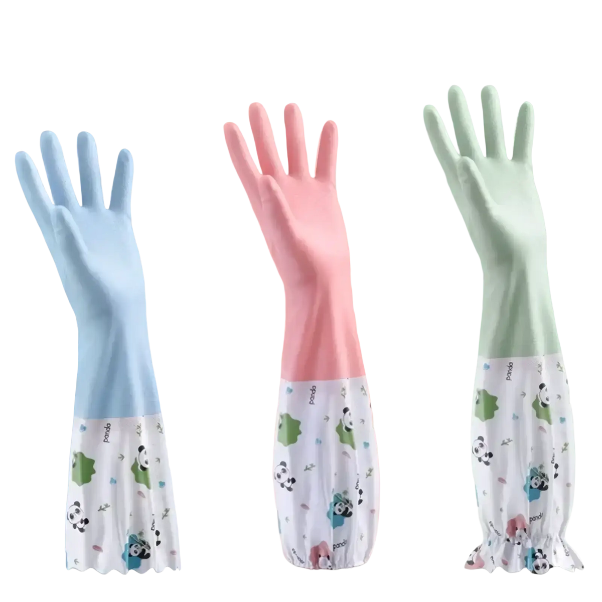 Pastel-colored waterproof kitchen gloves with panda-patterned cuffs designed for cleaning tasks