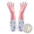 Pink waterproof rubber kitchen gloves with white panda-themed elastic cuffs for cleaning use