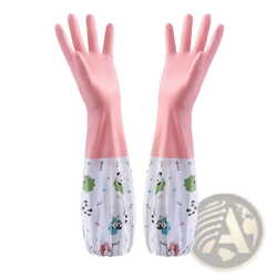 Pink waterproof rubber kitchen gloves with white panda-themed elastic cuffs for cleaning use