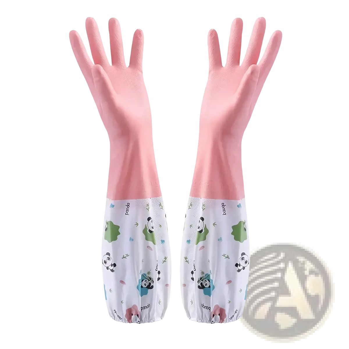 Pink waterproof rubber kitchen gloves with white panda-themed elastic cuffs for cleaning use