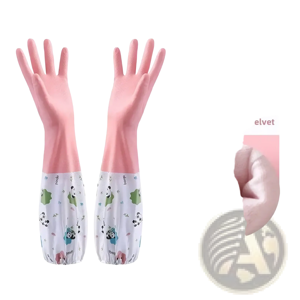 Waterproof pink drawstring kitchen gloves with soft velvet cuff and panda-patterned wristband for cleaning use