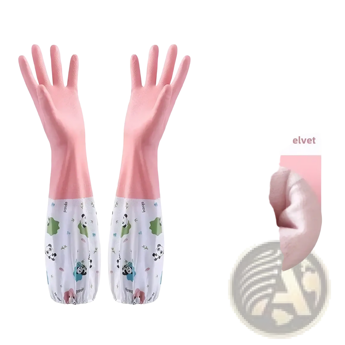 Waterproof pink drawstring kitchen gloves with soft velvet cuff and panda-patterned wristband for cleaning use