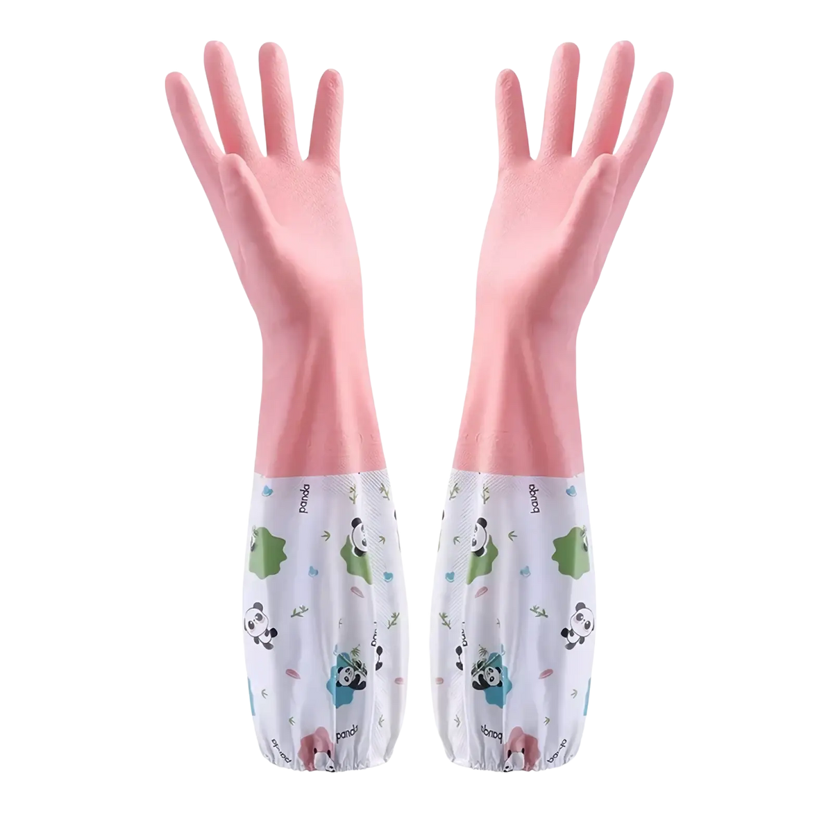 Pink waterproof rubber kitchen gloves with white panda-themed elastic cuffs for cleaning use