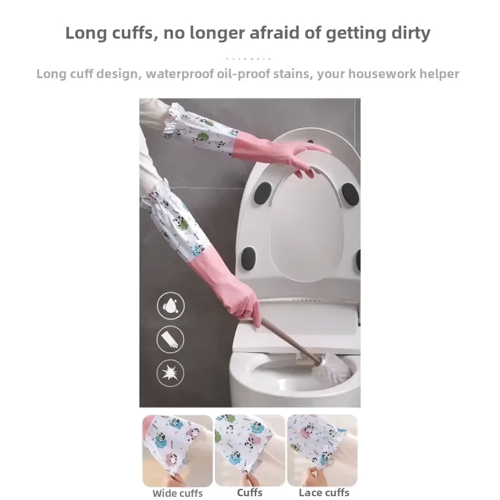 Pink and white patterned long-sleeved waterproof kitchen cleaning gloves with cartoon designs for household use