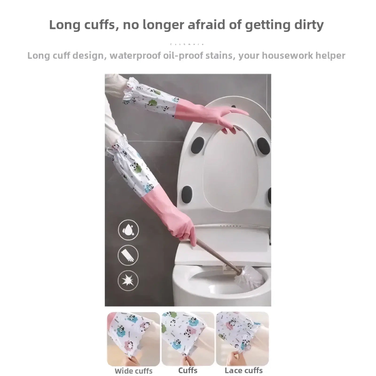 Pink and white patterned long-sleeved waterproof kitchen cleaning gloves with cartoon designs for household use