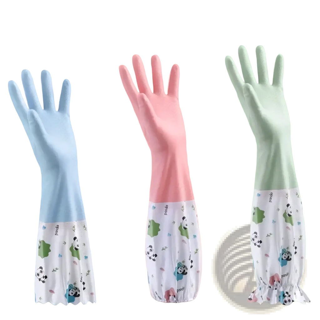 Waterproof kitchen gloves made of colorful rubber with panda-patterned cuffs in light blue pink and mint green