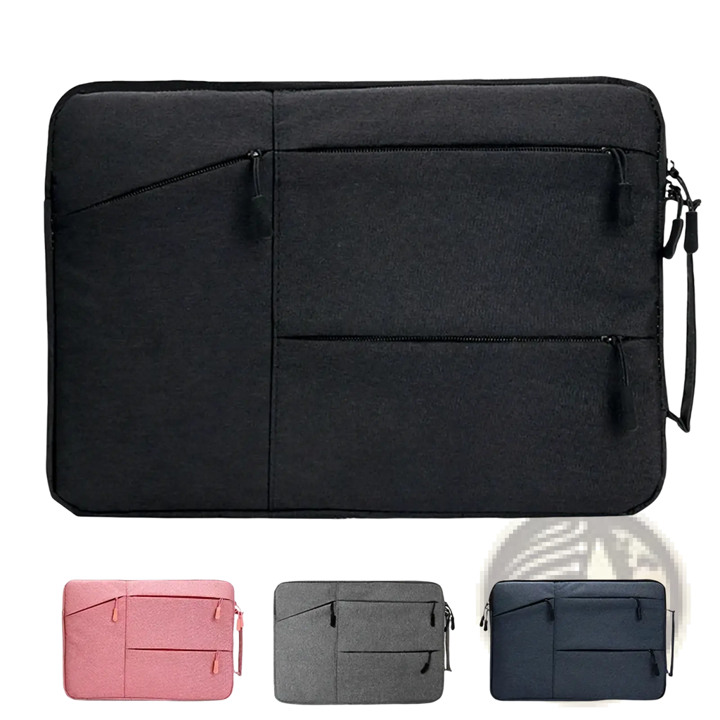 Black textured waterproof laptop sleeve briefcase with multiple zippered compartments and detachable shoulder strap for 13 to 16 inch notebooks