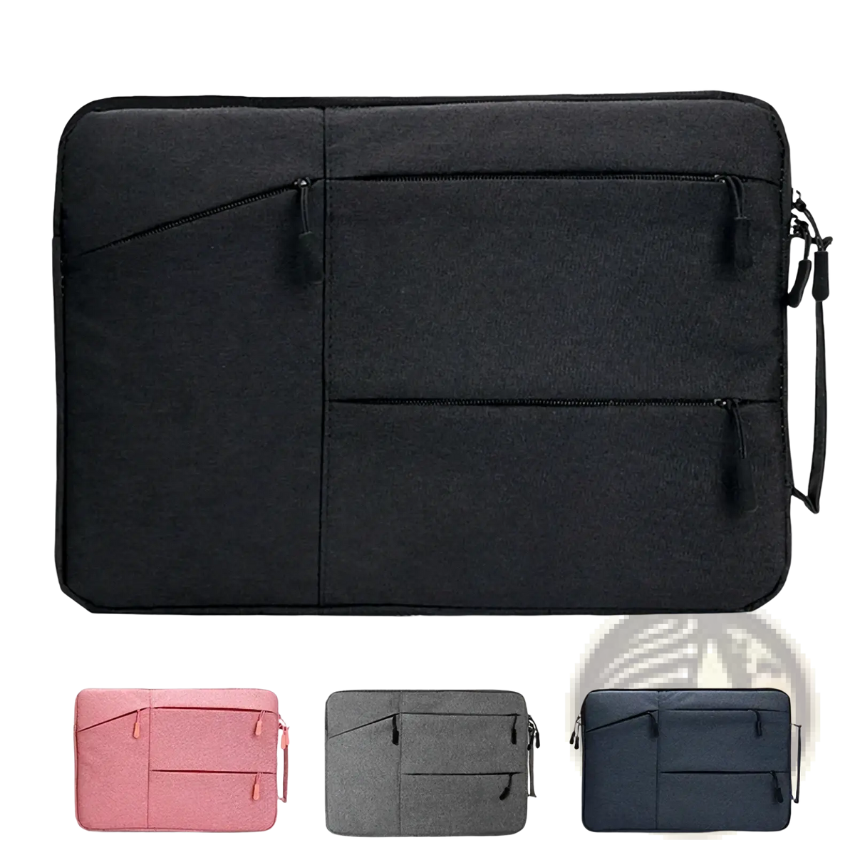 Black textured waterproof laptop sleeve briefcase with multiple zippered compartments and detachable shoulder strap for 13 to 16 inch notebooks