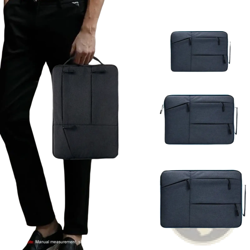 Black waterproof laptop sleeve briefcase with structured design and multiple zippered compartments for 13 to 16 inch notebooks