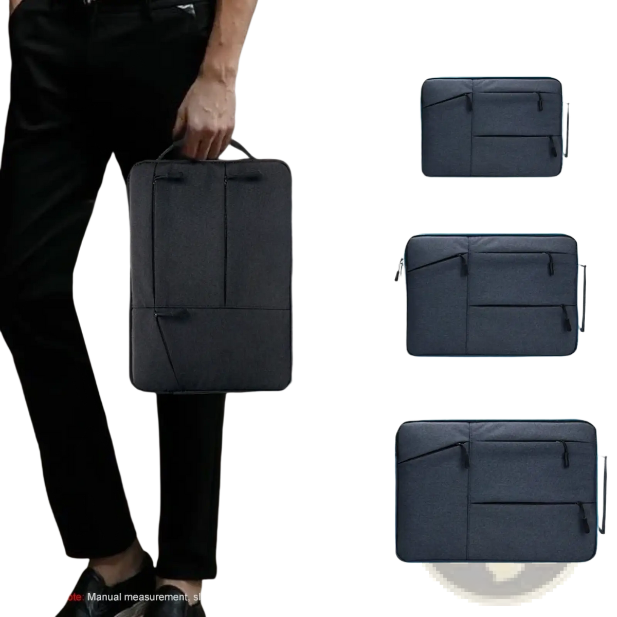 Black waterproof laptop sleeve briefcase with structured design and multiple zippered compartments for 13 to 16 inch notebooks
