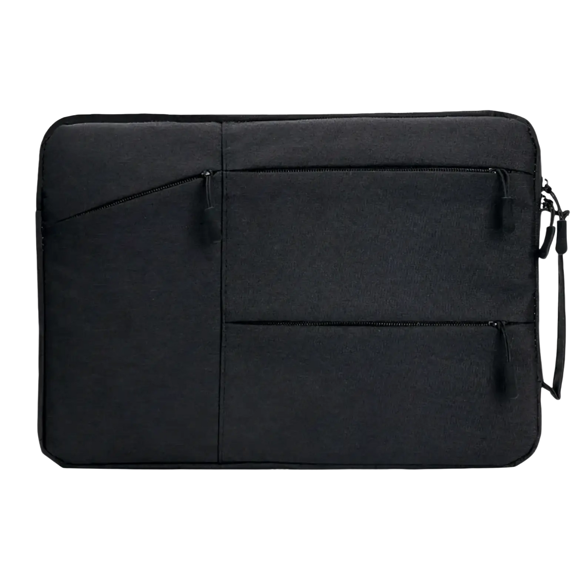 Black fabric waterproof laptop sleeve briefcase with multiple zippered compartments and side handle for 13 to 16 inch notebooks