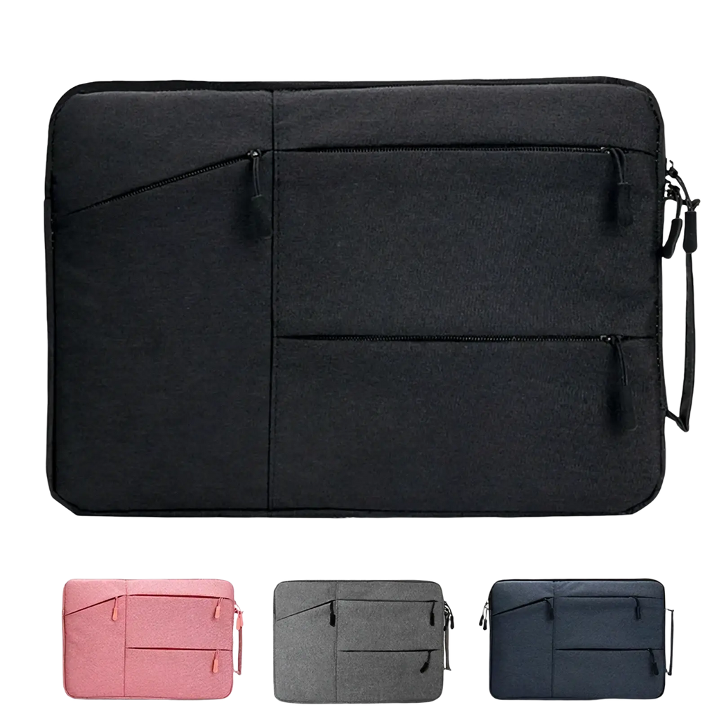 Black textured waterproof laptop sleeve briefcase with multiple zippered compartments and detachable shoulder strap for 13 to 16 inch notebooks