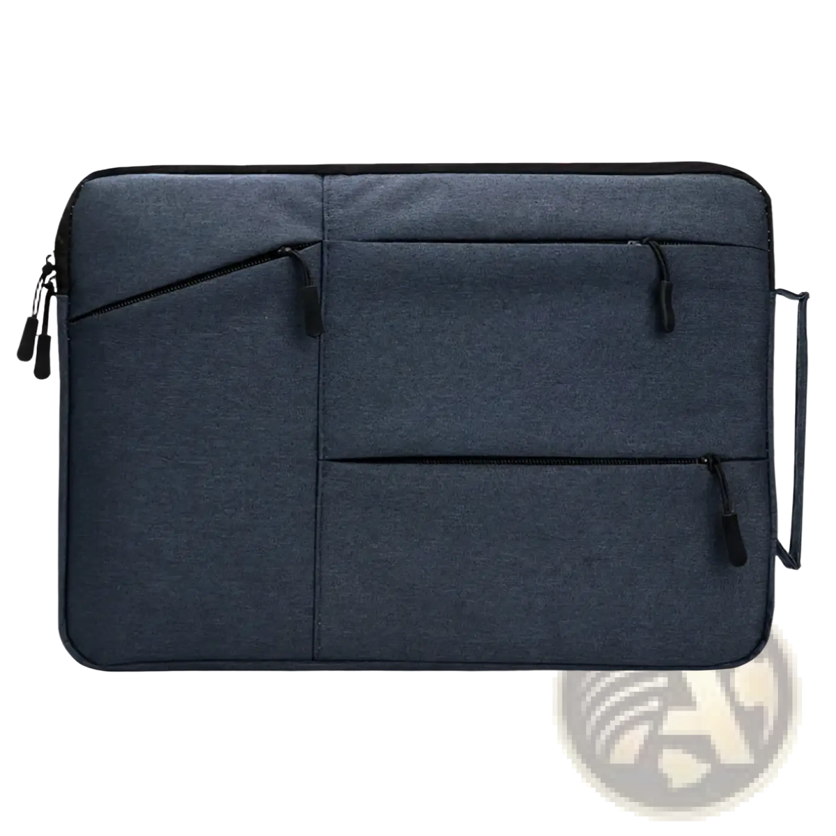 Dark blue waterproof laptop sleeve briefcase with textured material multiple zippered compartments and side handle for 13 to 16 inch notebooks