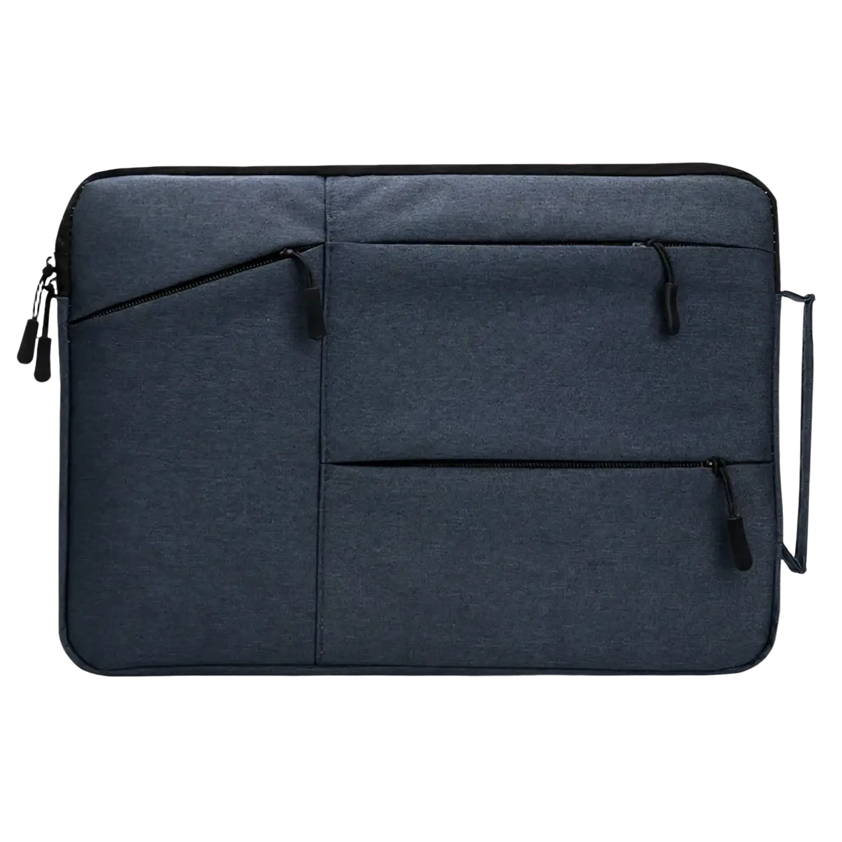 Dark blue waterproof laptop sleeve briefcase with textured material multiple zippered compartments and side handle for 13 to 16 inch notebooks