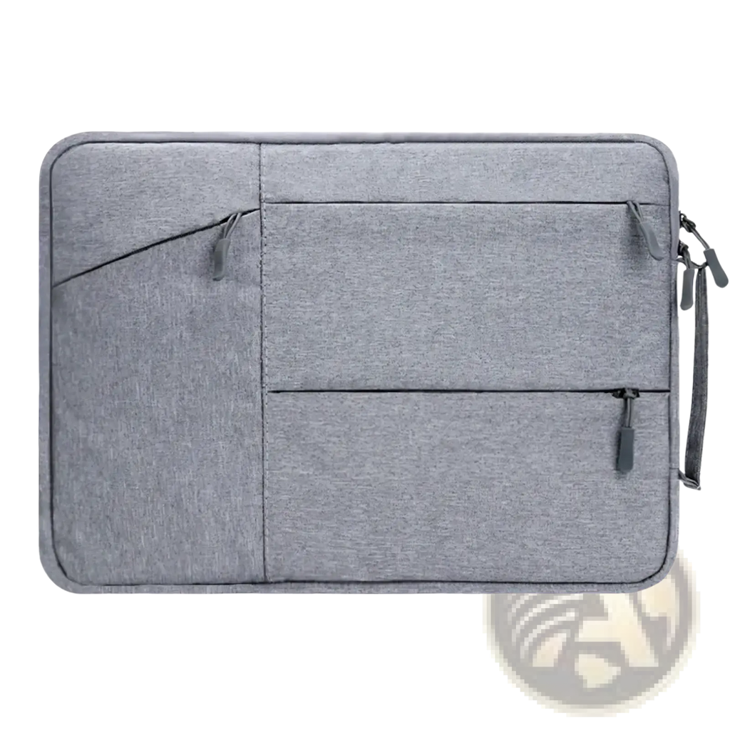 Gray textured waterproof laptop sleeve briefcase with zipper compartments and side handle for 13 to 16 inch notebooks