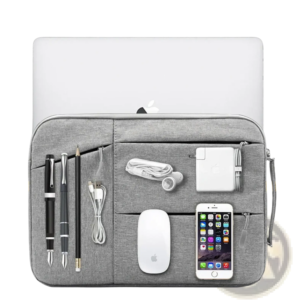 Gray fabric waterproof laptop sleeve briefcase with multiple compartments holding pens mouse phone charger and earphones