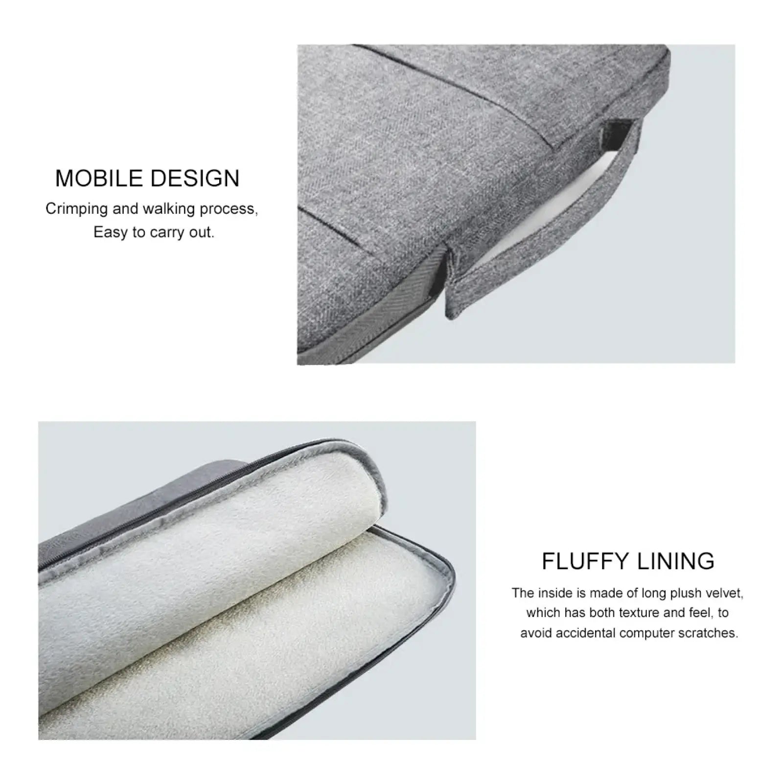 Gray textured waterproof laptop sleeve briefcase with soft white velvet interior for 13 to 16 inch notebooks