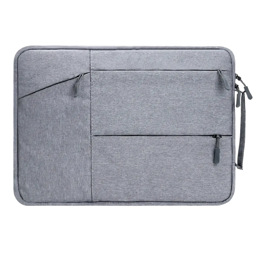 Gray textured waterproof laptop sleeve briefcase with zipper compartments and side handle for 13 to 16 inch notebooks