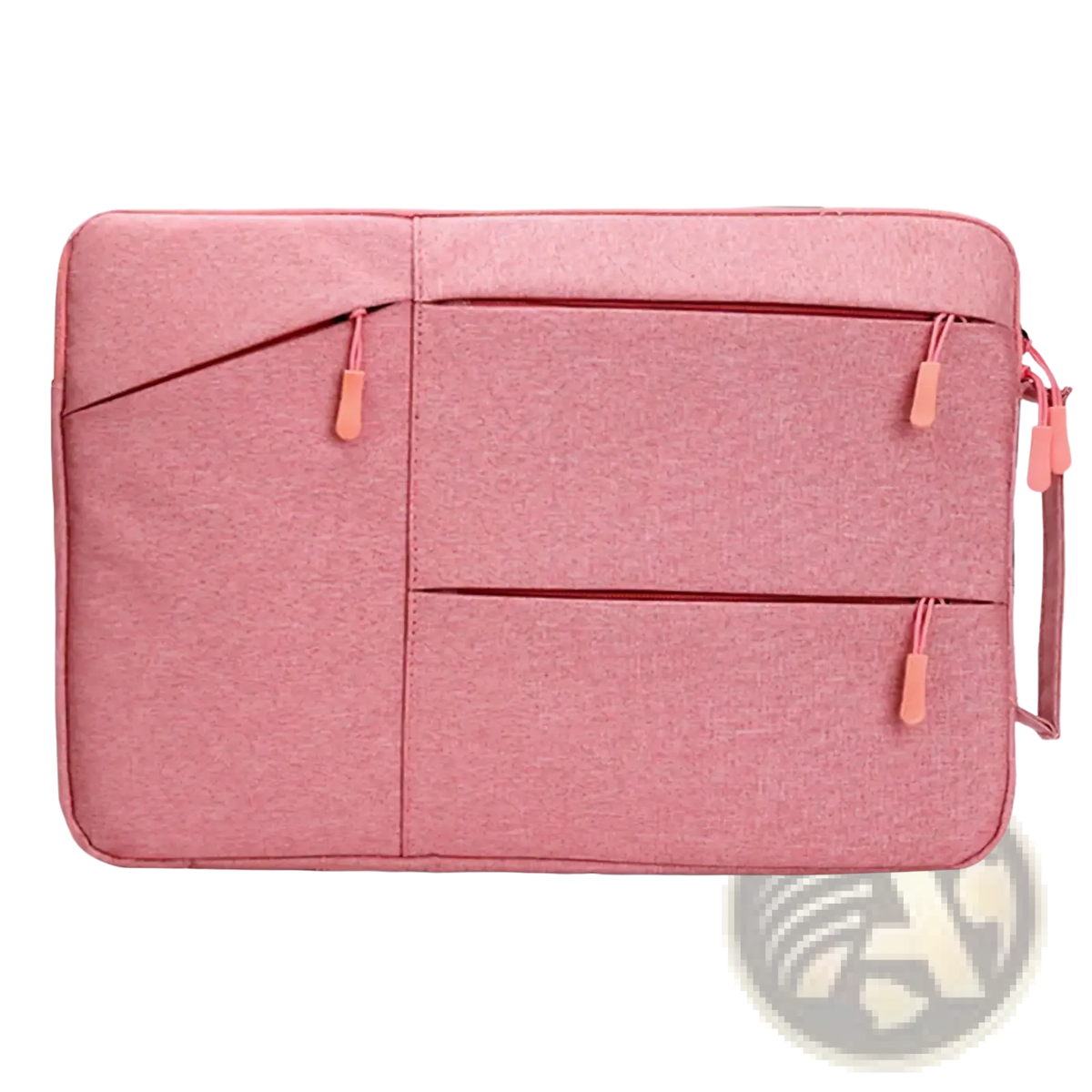 Waterproof pink textured laptop sleeve briefcase with three zippered compartments and peach-colored zipper pulls for 13 to 16 inch notebooks