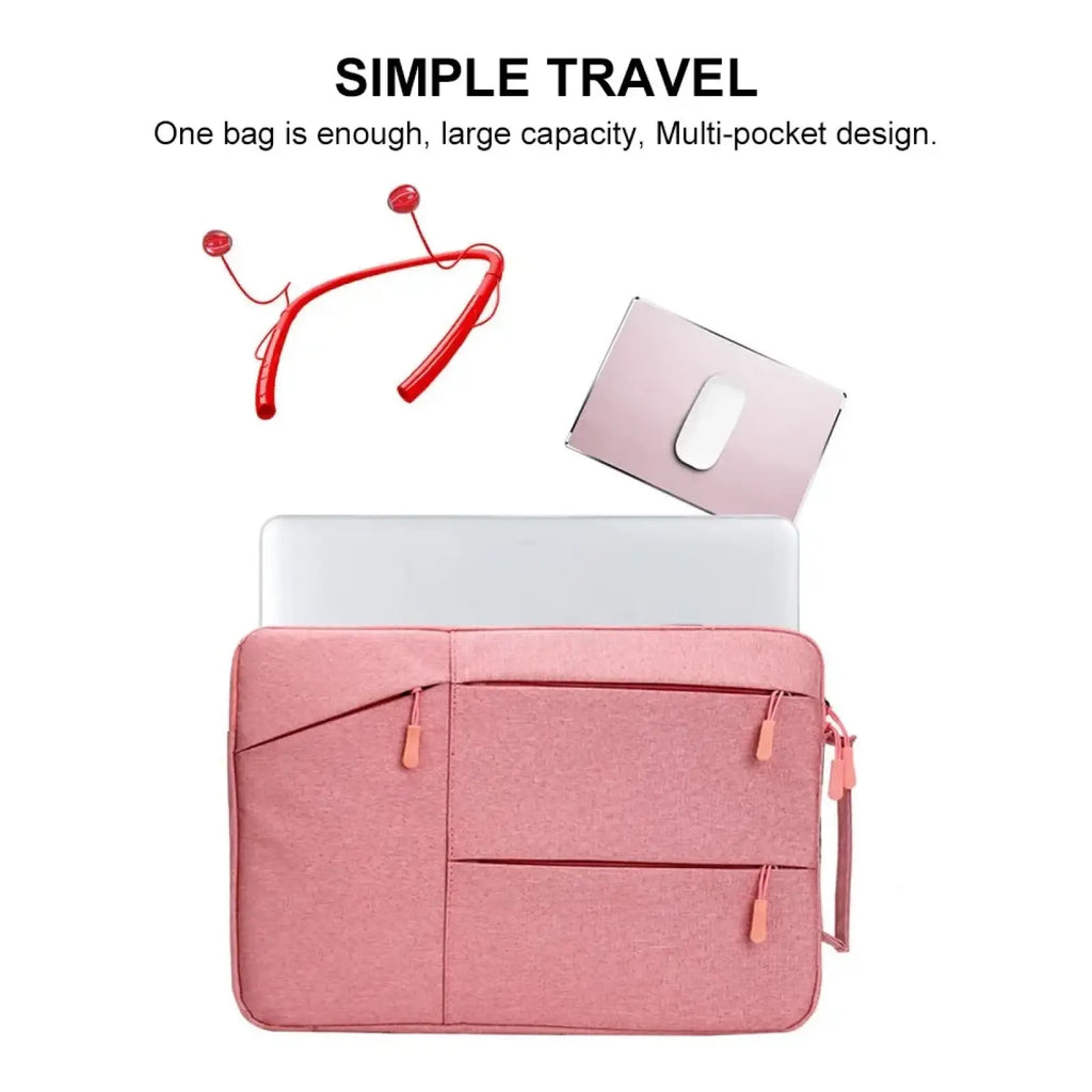 Waterproof pink laptop sleeve briefcase with multiple zippered compartments and matching handle for 13 to 16 inch notebooks