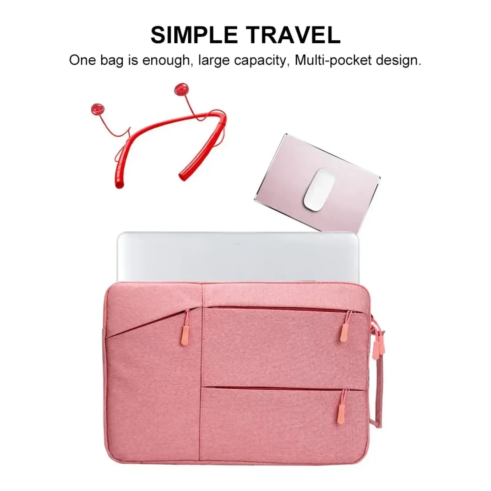 Waterproof pink laptop sleeve briefcase with multiple zippered compartments and matching handle for 13 to 16 inch notebooks