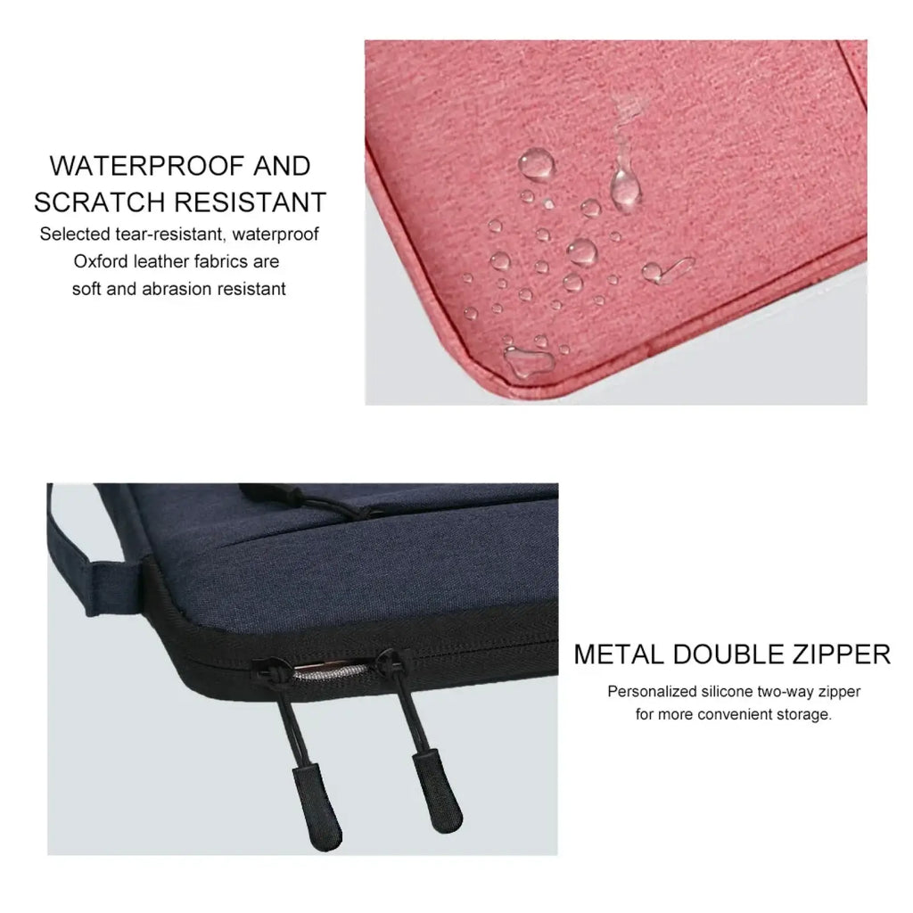 Waterproof laptop sleeve briefcase in pink and navy blue oxford leather fabric with metal double zipper for 13 to 16 inch notebooks