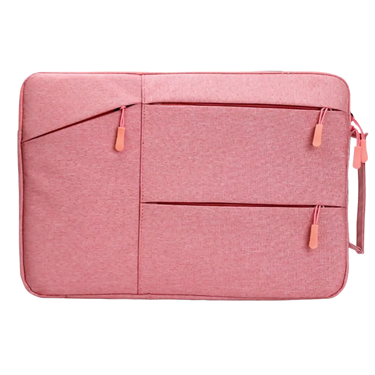 Waterproof pink textured laptop sleeve briefcase with three zippered compartments and peach-colored zipper pulls for 13 to 16 inch notebooks