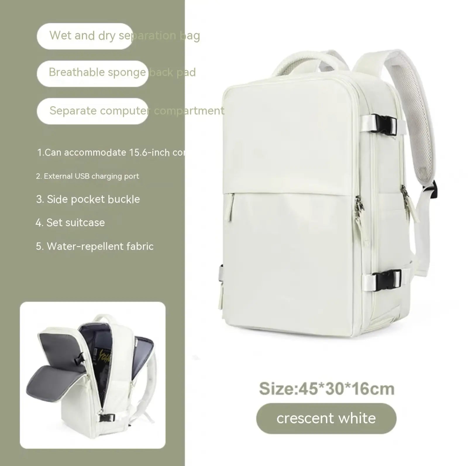 Crescent white waterproof laptop travel backpack with water-repellent fabric black zipper pulls and straps