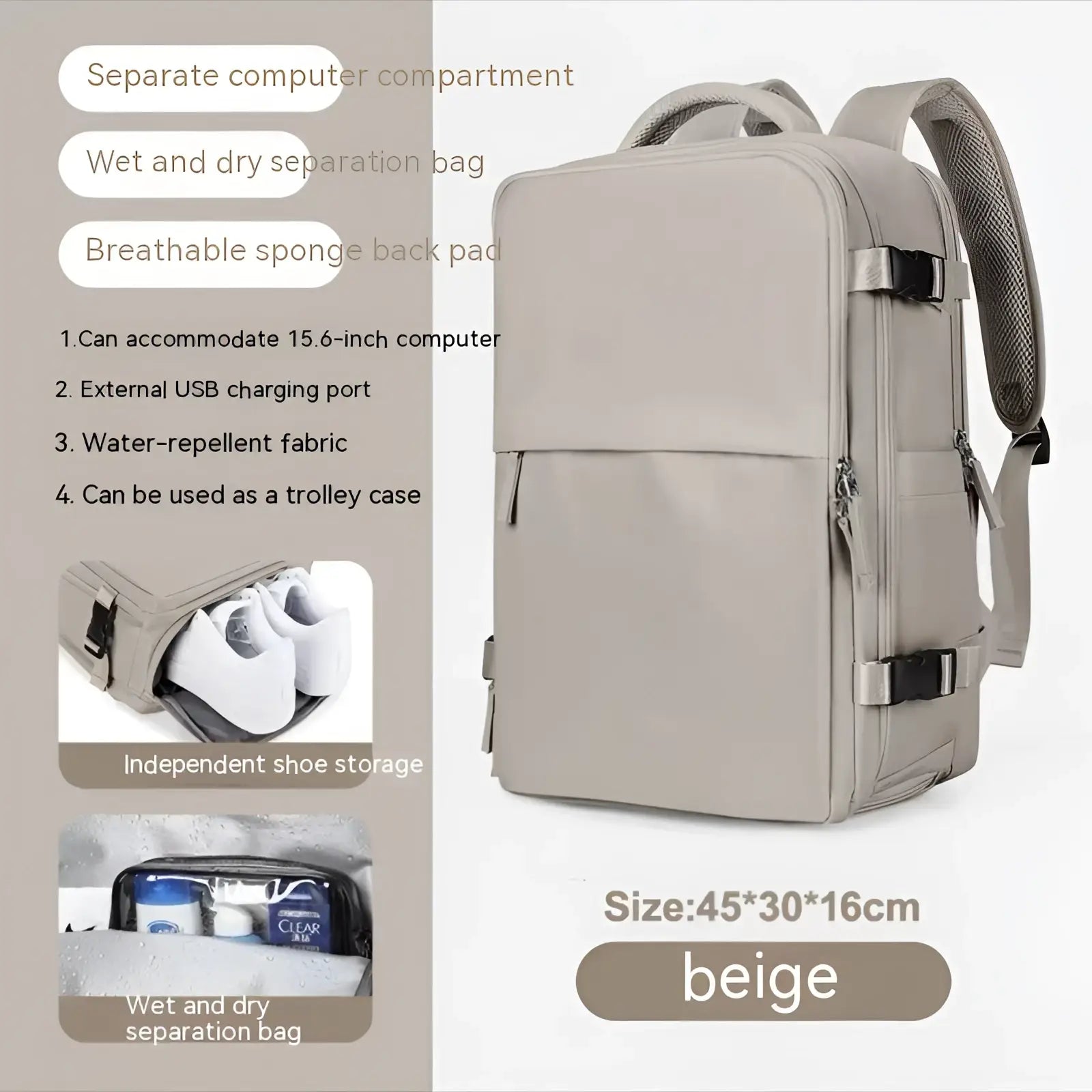 Beige waterproof laptop travel backpack with water-repellent fabric, separate computer compartment, and shoe storage