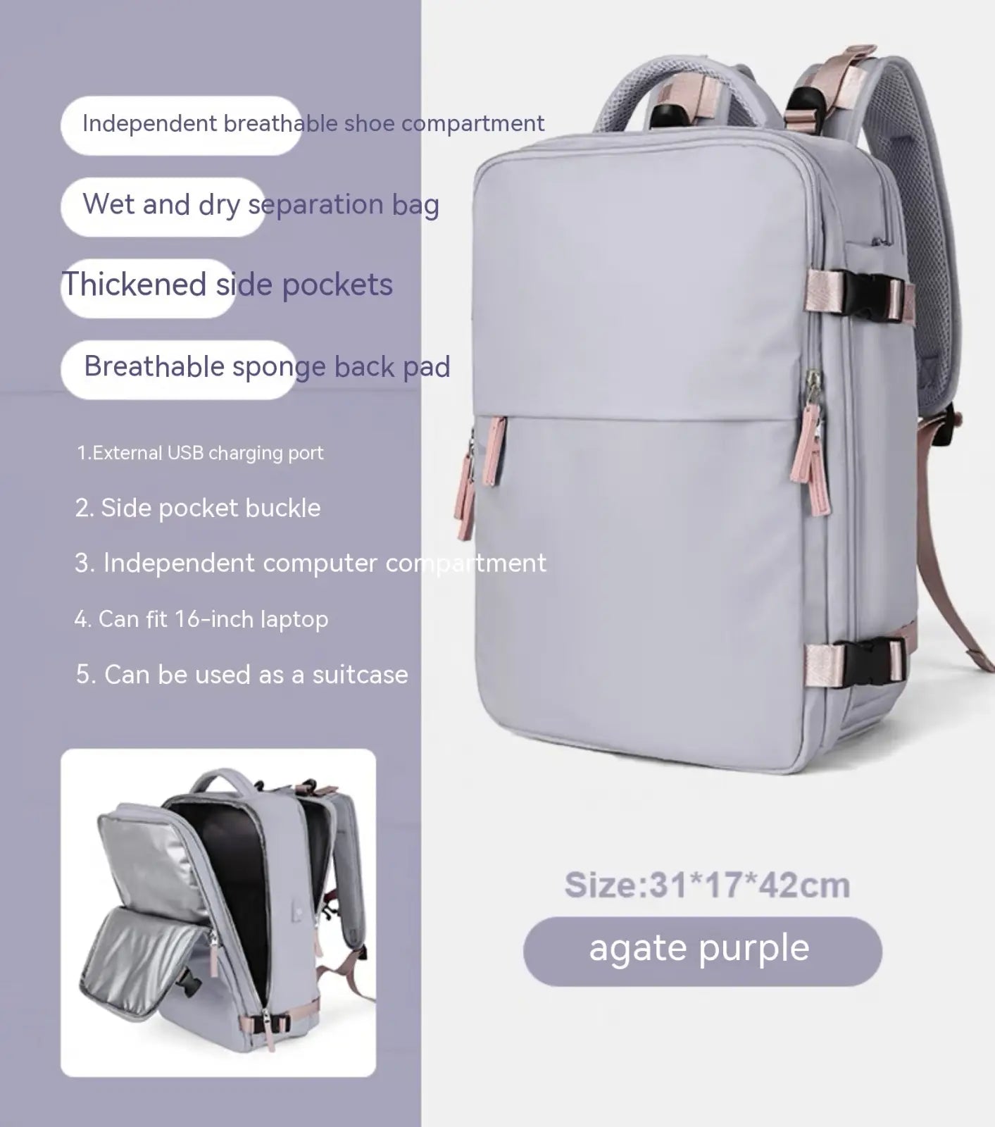 Agate purple waterproof laptop travel backpack with gray mesh straps and pink zipper pulls shown from the back side