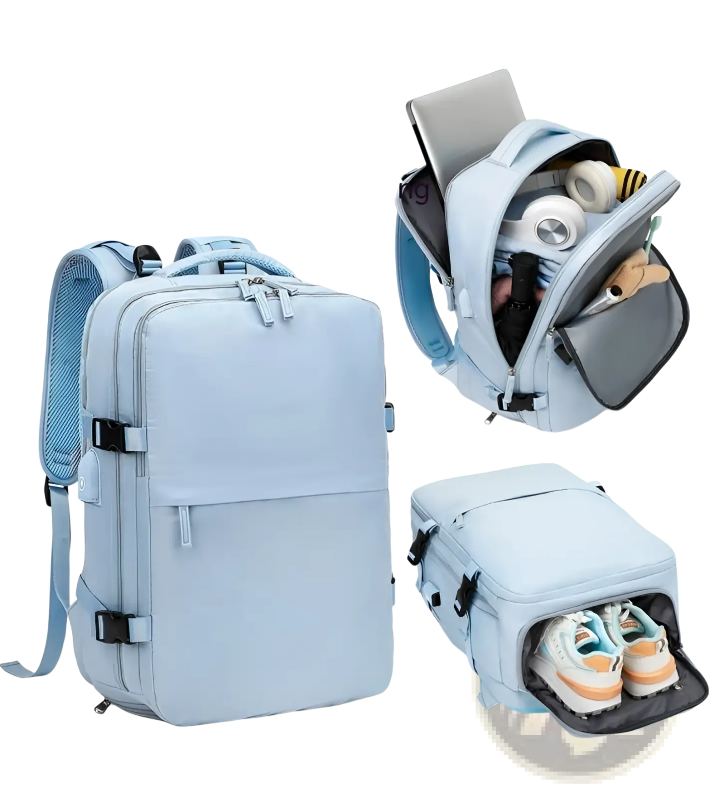 Light blue waterproof laptop travel backpack with multiple compartments and black adjustable straps shown from the back side