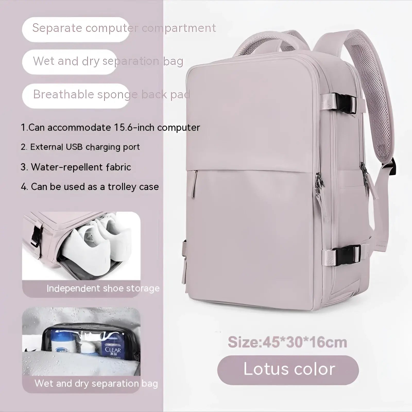 Light gray water-repellent fabric waterproof laptop travel backpack with black zipper pulls and adjustable straps