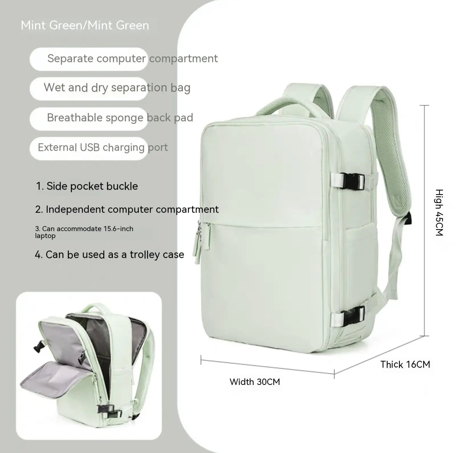 Waterproof mint green laptop travel backpack with breathable sponge back pad and external USB charging port shown from back