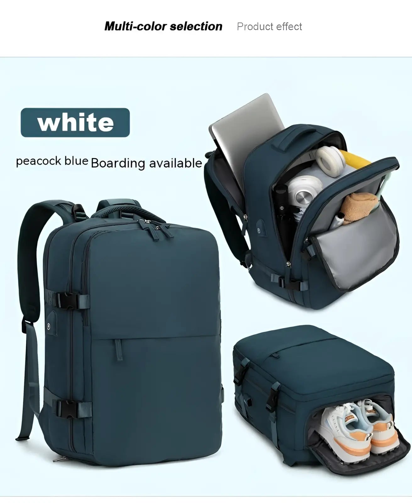 Dark teal waterproof laptop travel backpack with multiple compartments and adjustable straps shown from the back side