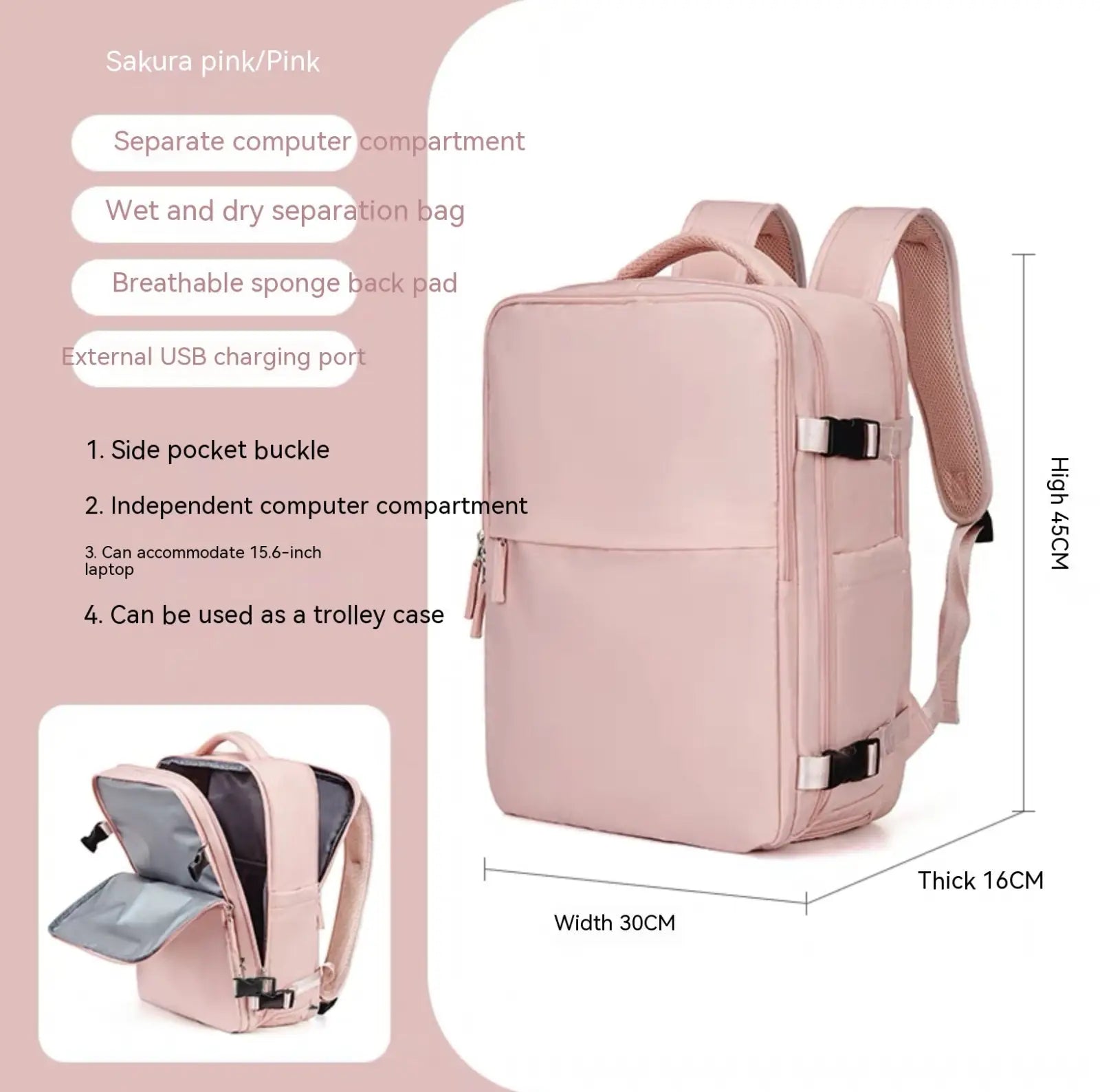Sakura pink waterproof laptop travel backpack with sleek minimalist design and breathable mesh shoulder straps