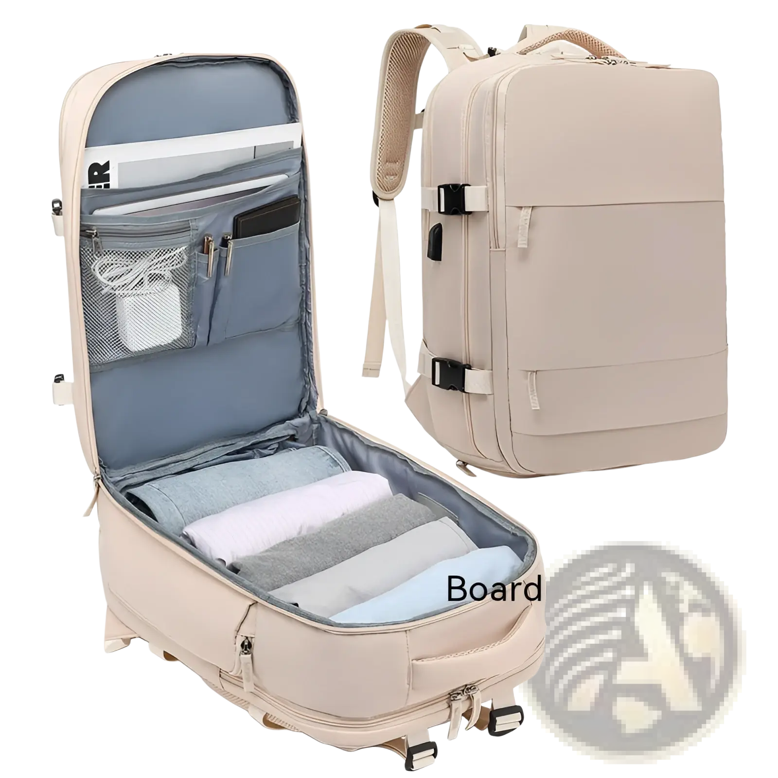 Beige waterproof convertible laptop travel backpack with mesh and zippered compartments and padded shoulder straps