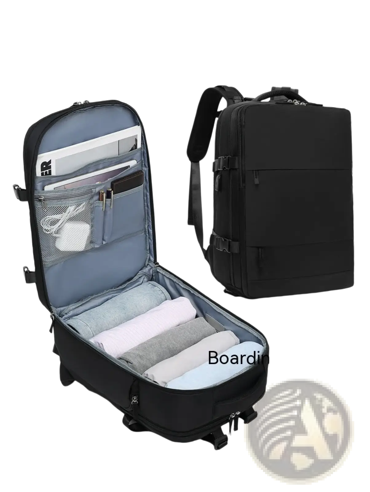 Black waterproof laptop travel backpack with 180-degree opening, multiple compartments, and wheels for easy storage