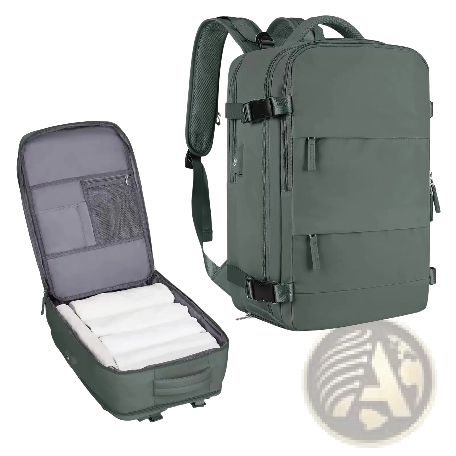 Dark olive green waterproof laptop travel backpack with black straps compact design and organized compartments